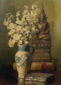 CATHERINE MARY WOOD (British. c.1860-1939) oil on board - still life of statue, vase of flowers, and