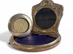 THREE SILVER FACED PHOTOGRAPH FRAMES comprising, Art Nouveau design, Sheffield 1989, 16 x 14cms;