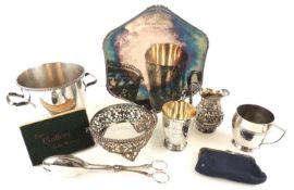 ASSORTED PLATED WHITE METAL COLLECTABLES including octagonal footed dish with inscription dated