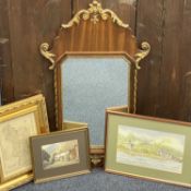WALNUT FRET FRAMED WALL MIRROR with gilded highlights, antique engraved map of Derbyshire, small