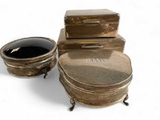 FOUR GEORGE V SILVER BOXES comprising cigarette box, London 1921, 11cms (w); cigarette box,