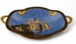 CARLTON WARE ART DECO TWO-HANDLED SHAPED OVAL FOOTED DISH, feather tailed bird and flower pattern,