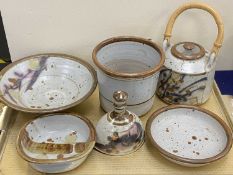 STUDIO POTTERY COLLECTION, including teapot with bamboo handle, jardiniere, circular shallow bowl,