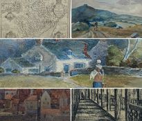 ASSORTED WATERCOLOURS & PRINTS: W. PALMER two watercolours - country house with figure in