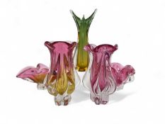 BOHEMIA ART GLASS BY CHŘIBSKÁ, a pink and yellow shaped bowl, 12cms (h), pink and clear shaped bowl,