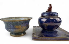 WEDGWOOD LUSTROUS INKWELL, gilt humming bird and swan details against a mottled blue ground, gilt