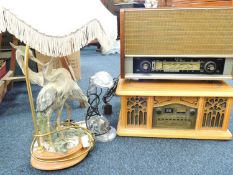 DECORATIVE HERON TABLE LAMP, also a vintage style music centre, a vintage radio and a modern desk