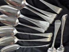 GEORGE I SILVER TABLESPOON, maker IL, London c. 1721 (marks rubbed); five George III silver