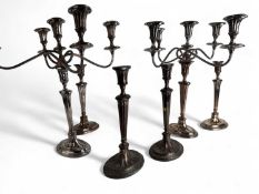 PAIR OF OLD SHEFFIELD PLATE NEOCLASSICAL FORM CANDELABRA, four-branch with centre sconce and
