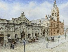 R. CUMMINS watercolour - Chester Town Hall and Carriage Works, signed lower right, 35.5 x 46cms