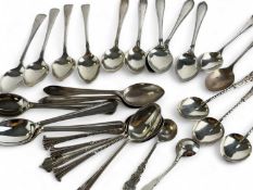 TWENTY-FOUR VARIOUS SILVER TEASPOONS, seven incomplete sets, and two silver salt spoons, gross