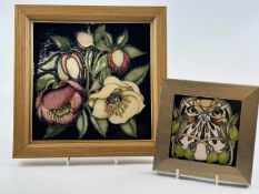 TWO MOORCROFT FRAMED PLAQUES, Lenten roses in shades of pink, cream, and green against a dark