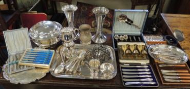 ASSORTED PLATED ITEMS including pair of vases of waisted cylindrical form, engraved with swags,