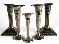 MIXED GROUP OF SILVER TRUMPET FORM POSY VASES comprising a pair with shaped rims, hammered design to