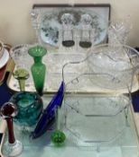 ASSORTED GLASSWARE, including bowls, decanters, chrome framed two-tier cake stand, and coloured
