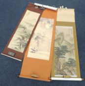 THREE CHINESE REPRODUCTION PRINTED SCROLL PAINTINGS, boxed, 49cm and 37cm (w) Provenance: private