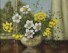 ‡ KATHLEEN DENNIS (British, 20th century) oil on board - still life vase of flowers, signed lower