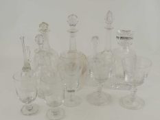 SMALL SELECTION OF MIXED GLASSWARE including Edwardian etched glass decanters, Thomas Goode & Co.