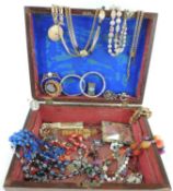 VICTORIAN ROSEWOOD JEWELLERY BOX containing an assortment of COSTUME JEWELLERY including a silver '