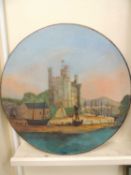 WELSH SLATE CIRCULAR TABLE TOP, 19th century, painted with a view of Caernarfon Castle, 51cms (