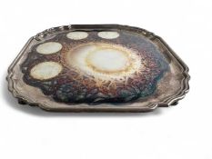 ELIZABETH II SILVER SALVER, square shaped form, moulded border, on four scroll feet, Roberts &