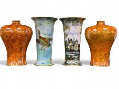 TWO UNUSUAL AYNSLEY LUSTROUS VASES, one decorated with mallards flying, the other with a cottage