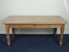 PINE FARMHOUSE TABLE, rectangular scrub top with rounded corners, on turned supports, 78 (h) x