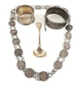 SILVER ENGRAVED HINGED BANGLE, also a silver napkin ring, Georgian silver salt spoon, 70g gross;