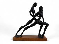SYLVIA ATTARD (CONTEMPORARY) BRONZE EFFECT RESIN SCULPTURE 'THE DANCE', on wooden base, 43cms (h)