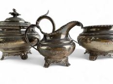 LATE GEORGE III / WILLIAM IV SILVER THREE-PIECE TEA SERVICE, John Walton & William Lister I,