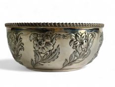 EDWARD VII CIRCULAR SILVER BOWL with gadrooned rim, repousse foliate decoration, Atkin Brothers,
