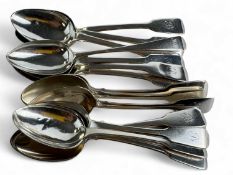 NINE GEORGE IV SILVER FIDDLE PATTERN DESSERT SPOONS, maker W.T., London 1829, 335g, also FIVE