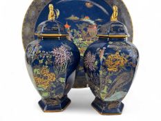 CARLTON WARE CHINOISERIE PLAQUE, with powder blue ground, 39cm (d); also a PAIR OF CARLTON WARE