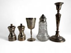 MODERN SILVER WINE GOBLET, Birmingham 1968, 14cms (h), 125g; along with a silver mounted cut glass