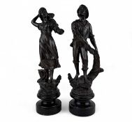 PAIR OF SPELTER FIGURES, fisherman and woman, on turned ebonised bases, 39cms (h) (2) Provenance: