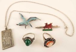 SMALL SELECTION OF SILVER JEWELLERY including ingot pendant necklace, enamelled sterling silver