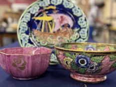 MALING GALLEON PLATE, 28.5CM (d); also a MALING PEONY PINK LUSTROUS BOWL, 21.5cm (d); and a