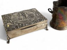 SILVER SAUCE BOTTLE COASTER, Birmingham 1930, 10cms (h), 205g; also a silver repoussé cedar lined