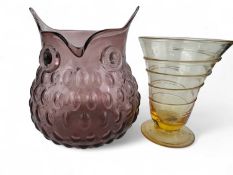 WHITEFRIARS ORANGE TINTED GLASS CONICAL VASE, 14cm (h); also a DARTINGTON STYLE GLASS 'OWL' VASE,