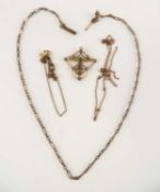 9CT GOLD PERIDOT AND SEED PEARL OPENWORK PENDANT, 2.2g, also three fine chain necklaces, unmarked