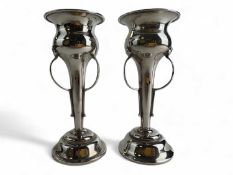 PAIR OF EDWARD VII SILVER ART NOUVEAU ORGANIC DESIGN VASES, each having three handles, tapered