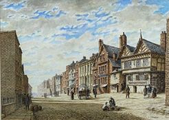 R. CUMMINS watercolour - Lower Bridge Street and Falcon Inn, Chester, signed lower right, 34.5 x