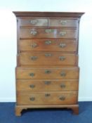 FINE GEORGE III MAHOGANY CHEST ON STAND, circa 1780, moulded dentil cornice over two short and three