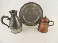 VINTAGE PEWTER HAYSTACK MEASURE, base stamped W. M., 20cms (h); a vintage brass and copper caddy/