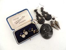 PAIR OF VICTORIAN PIQUE TORTOISESHELL PENDANT EARRINGS, also a pair of Victorian carved jet