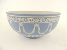 WEDGWOOD LIGHT BLUE & WHITE JASPERWARE FRUIT BOWL, decorated with band of swags, impressed marks,