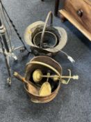 Rosewood banjo barometer, also a wrought metal standard lamp, two copper coal scuttles and sundry