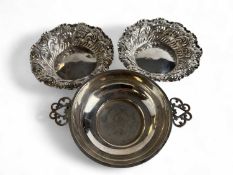 PAIR OF LATE VICTORIAN SILVER REPOUSSÉ BONBON DISHES, Sheffield 1898, 12cms (diam.), 99g; also a