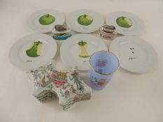 SET OF SIX LIMOGES EXIMIOUS POMME VERTES DESSERT PLATES, boxed, also QUEEN ELIZABETH II CORONATION