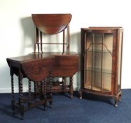 TWO OAK GATELEG TABLES, largest 77cms (w); Edwardian mahogany Sutherland table, 62cms (w); and a